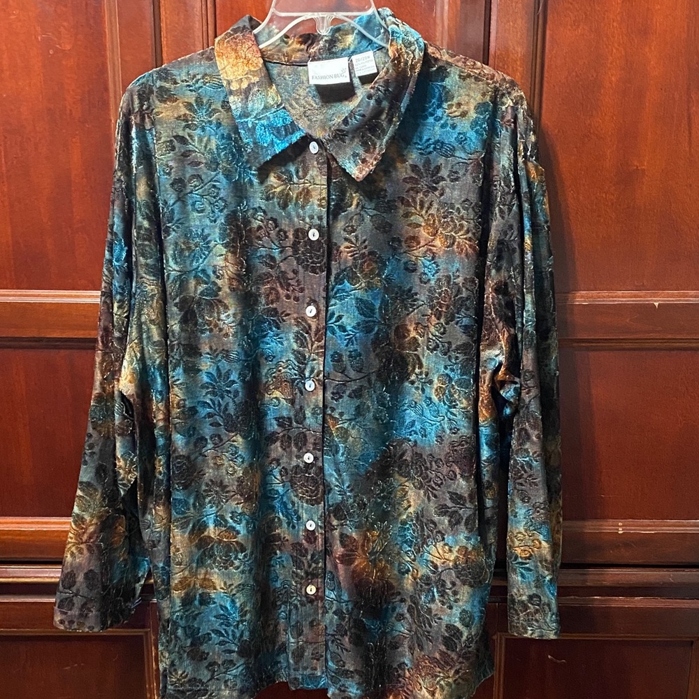 Fashion Bug vintage Blue and Brown Floral womenβs button down Shirt size 26/28W